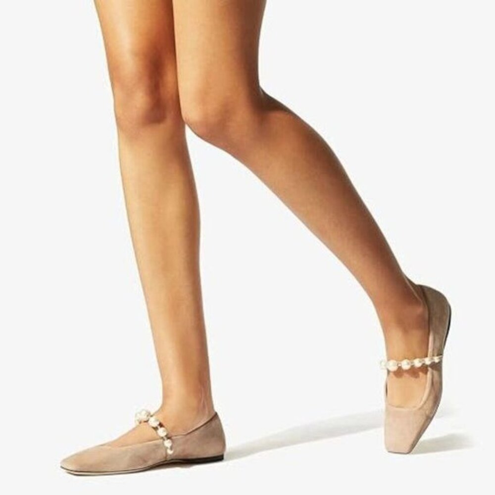 FOWT Nude Women Square Toe Slip on Flats Pearl Studded Strap Elegant Pumps
